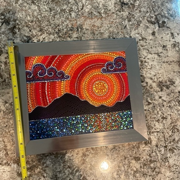 Gorgeous sunset/mountains dot mandala style painting in silver frame 10”X12” new - Picture 7 of 7